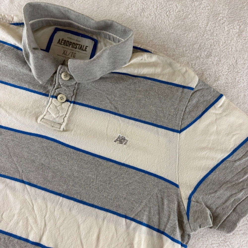 Aeropostale Polo Shirt Striped Vintage Mens XL Grey White Logo Cotton Casual